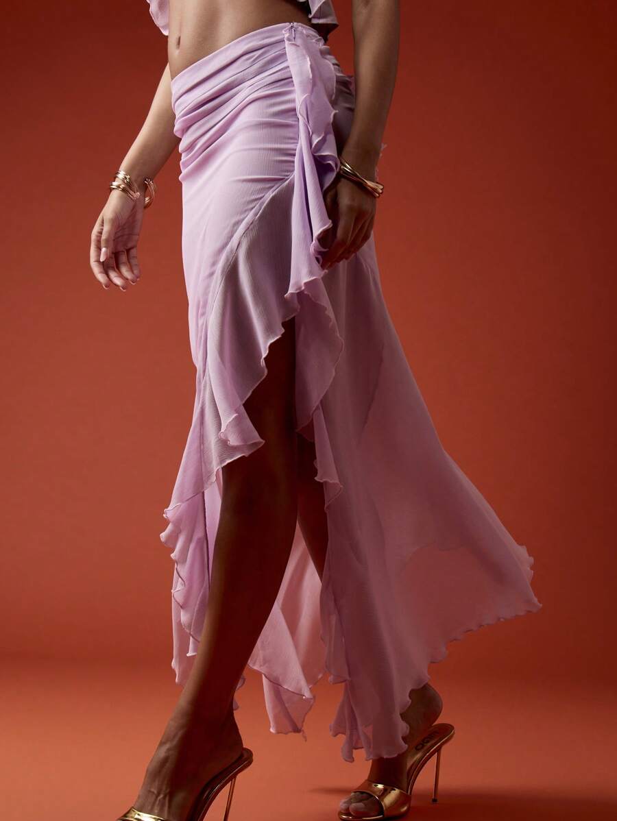 MISSGUIDED 雪纺荷叶边裹身中长裙不对称下摆分层节日派对婚礼舞蹈夜场度假裙 - 紫色 - 查看 1