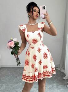 Elenzga Women's Cinched Waist Backless Tie-Up Casual Vacation To Work Mini Cap Sleeve Printed Dress - Red - View 7