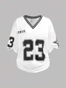 Girlism 2 Stücke Set für Teenager-Mädchen: Weißes T-Shirt Top aus Basketballtrikot mit College-Nummern und Buchstaben Muster + schwarze, enge Workout-Leggings mit hoher Taille, lässiges Streetwear-Outfit - Schwarz und Weiss - Übersicht 9