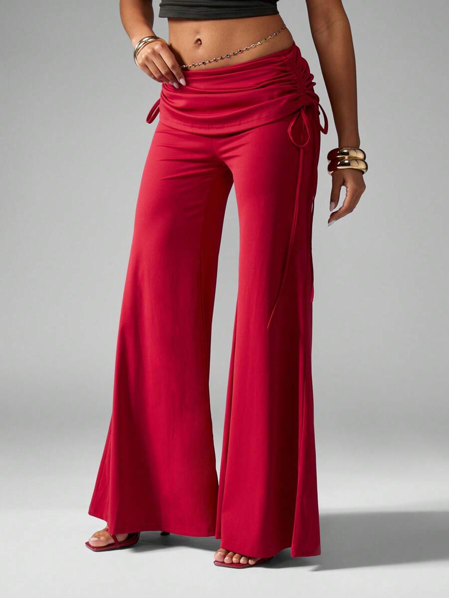 MISSGUIDED Palazzo Wide Leg Dance Pants Bell Bottom Flare Draped Ruched Waist Holiday Resort Evening Occasion Floor Length Stretchy Yoga Style Relaxed Flowing Christmas - Burgundy - View 1