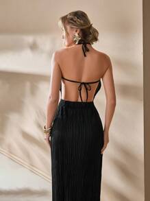 CLARA VERO Vestido largo sin mangas con espalda descubierta de color negro, vestido largo con cuello halter y tiras para atar, vestido negro elegante