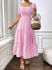 SHEIN LUNE Đầm Maxi Tay Ngắn Cổ Vuông Phồng Cho Nữ - Hồng - Xem 5