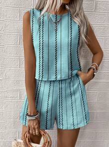 SHEIN LUNE Bộ 2 áo ba lỗ sọc thường ngày đi nghỉ mát cho nữ và quần short - Màu xanh ngọc - Xem 3