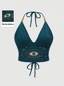 Hippie Country Spring/Summer  Bohemian Chic, Plus Size Moon & Star Embroidered Knit Knit Beaded Detail Top In Blue & Green - Dark Green - View 1
