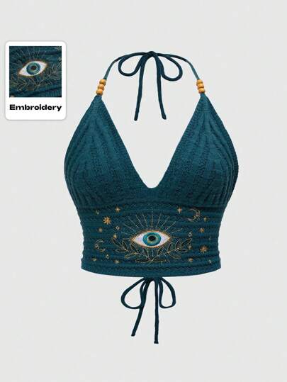 Hippie Blusa bohemia de verano, talla grande con bordado de luna y estrella, detalles de punto y cuentas en azul y verde