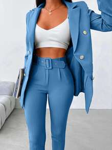 SHEIN Traje De Pantalón Y Abrigo Con Solapa De Color Liso Para Mujer