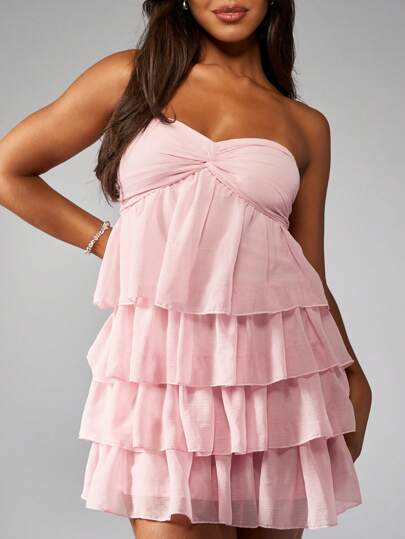 MISSGUIDED Strapless Tiered Ruffle Mini Dress Summer Wedding Guest Spring Garden Party Sweet Sweetheart Neckline Empire Waist Textured Chiffon Layered Party Dress