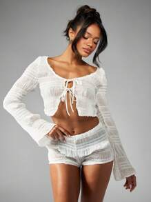 MISSGUIDED Textured Ruched Two Piece Set Drawstring Crop Top High Waist Shorts Festival Beach Party Summer Lounge Wear Coordinated Outfit - White - View 1