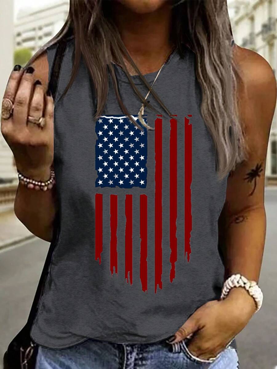 EMERY ROSE 女士休闲宽松美国国旗印花无袖背心，适合夏季 - 深灰色 - 查看 1
