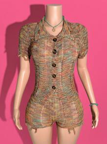 Slaydiva 2025 Noua vară casual sport de stradă casual acasă îmbrăcăminte vacanță la plajă casual vacanță stil simplu cămașă de bază guler rever deschis placket mânecă scurtă top din lână + pantaloni scurți înfășurați la șold dungi colorate costum de lână zdrențuit pulover pentru femei costum din două piese - Multicolor - Vizualizare 1