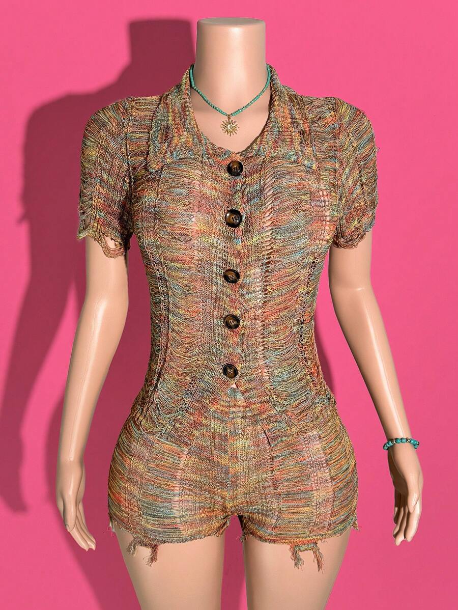 Slaydiva 2025 Noua vară casual sport de stradă casual acasă îmbrăcăminte vacanță la plajă casual vacanță stil simplu cămașă de bază guler rever deschis placket mânecă scurtă top din lână + pantaloni scurți înfășurați la șold dungi colorate costum de lână zdrențuit pulover pentru femei costum din două piese - Multicolor - Vizualizare 1