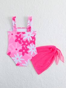 SHEIN Baby Girl Floral Print One-Piece Swimsuit & Coverup Skirt Set,Tropical Holiday Beach Bathing Suits For Baby Girl Summer Swim Suits - Multicolor - View 2
