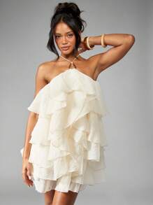 MISSGUIDED Ruffle Tiered Halter Neck Mini Dress Wedding Guest Party Summer Special Occasion Layered Flowy Dreamy Statement Evening - Apricot - View 5