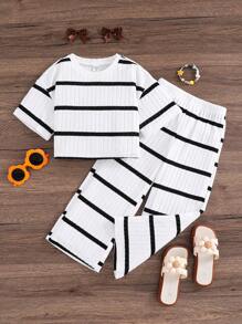 2pcs/Set Young Girl Striped Crew Neck Knit Top And Loose Fit Casual Pants Set