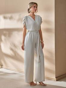 EURMUSE HALF SLEEVE DEEP V COLLAR BELTED LONG STRAIGHT JUMPSUIT - Beige - View 7