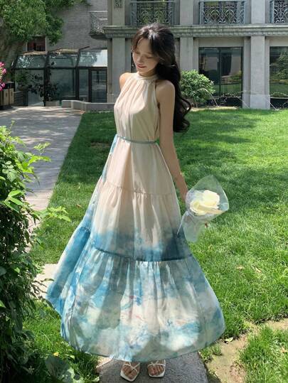 DAZY 女士渐变色花卉印花无袖中长连衣裙，休闲女装