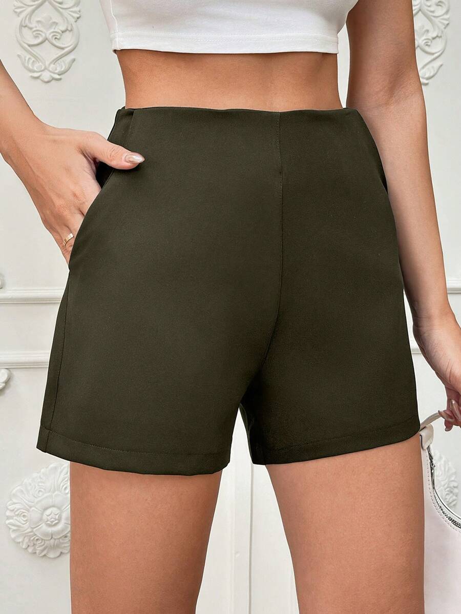 SHEIN Cottnline Women's Casual Solid Color Minimalist Side Pocket Shorts, Summer - Army Green - View 1