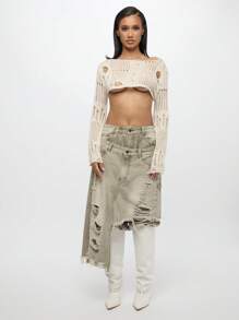 SUMWON WOMEN Top corto con mangas largas de ganchillo desgastado, suéter de punto deshilachado de moda para otoño e invierno, tejido suelto y ultracrópico, informal para uso diario