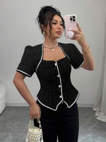 Chiquease Women's Elegant Fitted Jacquard Contrast Wave Ribbon Trim Short Sleeve Blouse - Black - View 1