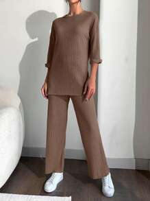 RueChic 100%Cotton Drop Shoulder Tee & Wide Leg Pants - Mocha Brown - View 6