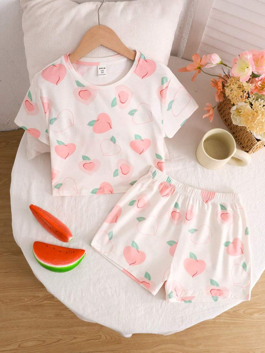 SHEIN Leap Crew Tween 女童夏季休闲图案短袖和短裤针织柔软阻燃睡衣套装