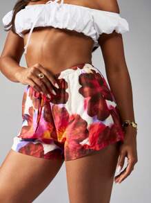 MISSGUIDED Quần short bơi mùa hè in họa tiết hoa cạp cao mặc ở nhà, quần short xòe rộng, cạp chun co giãn, có túi, lễ hội, đồ bơi trùm đầu - Nhiều màu - Xem 5