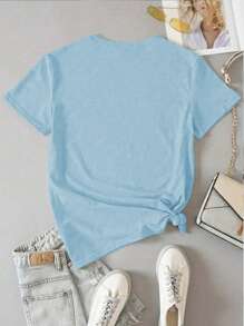 Women's Casual Cute Goose & Letter Print Round Neck Short Sleeve T-Shirt, Summer, Christmas - Blue - View 2