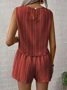 SHEIN LUNE 2 件套女士圆领无袖条纹简约上衣和短裤套装 - 橘色 - 查看 2