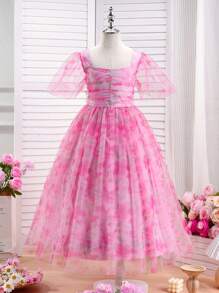 SHEIN Glamorique Kids 青少年女孩花卉印花优雅夏装，青少年甜美礼服 - 粉色 - 查看 3