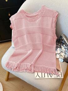 SHEIN LUNE 女式休闲纹理拼布贝壳边流苏下摆针织无袖上衣，天蓝色，春夏 - 粉色 - 查看 4