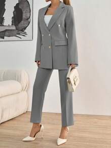 EURMUSE Women's Double Breasted Lapel Neck Blazer & Belted Pants Suit Set - Grey - View 4