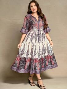 Flouryn 大码随机印花连衣裙 Maxi 女装 - 紅色 - 查看 1