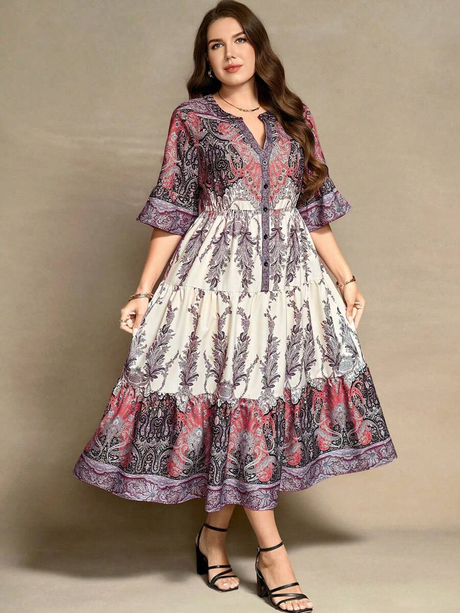 Flouryn 大码随机印花连衣裙 Maxi 女装 - 紅色 - 查看 1