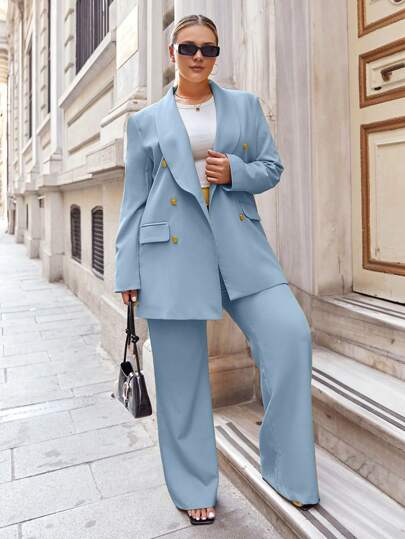 EURMUSE Plus Size Women Solid Color Shawl Collar Long Sleeve Double Breasted Blazer And Pants Suit Set