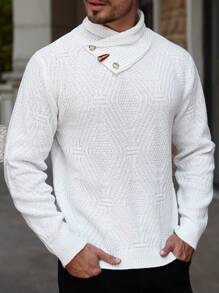 Manfinity Homme Áo len tay dài cổ đứng thiết kế nút cho nam - trắng - Xem 5