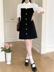 SHEIN TEENGIRL Elegant & Sweet A-Line Dress With Colorblock Puff Sleeves, Waist Cinching, Mini Length, Simple & Chic