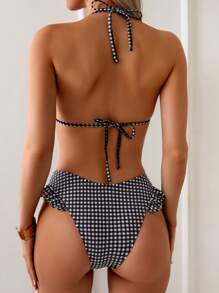 SHEIN Bộ bikini hai mảnh gợi cảm màu đen và kẻ caro in ngẫu nhiên cổ chữ V sâu buộc dây cho nữ, mùa hè - Đen và trắng - Xem 2