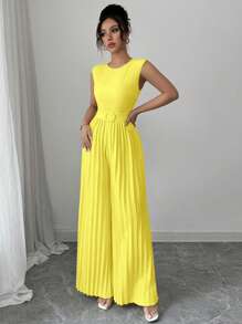 Elenzga Women's Solid Color Waist Belt Wide Leg Jumpsuit With Shoulder Pads, Elegant Casual Everyday & Vacation Wear, Sleeveless - Yellow - View 3
