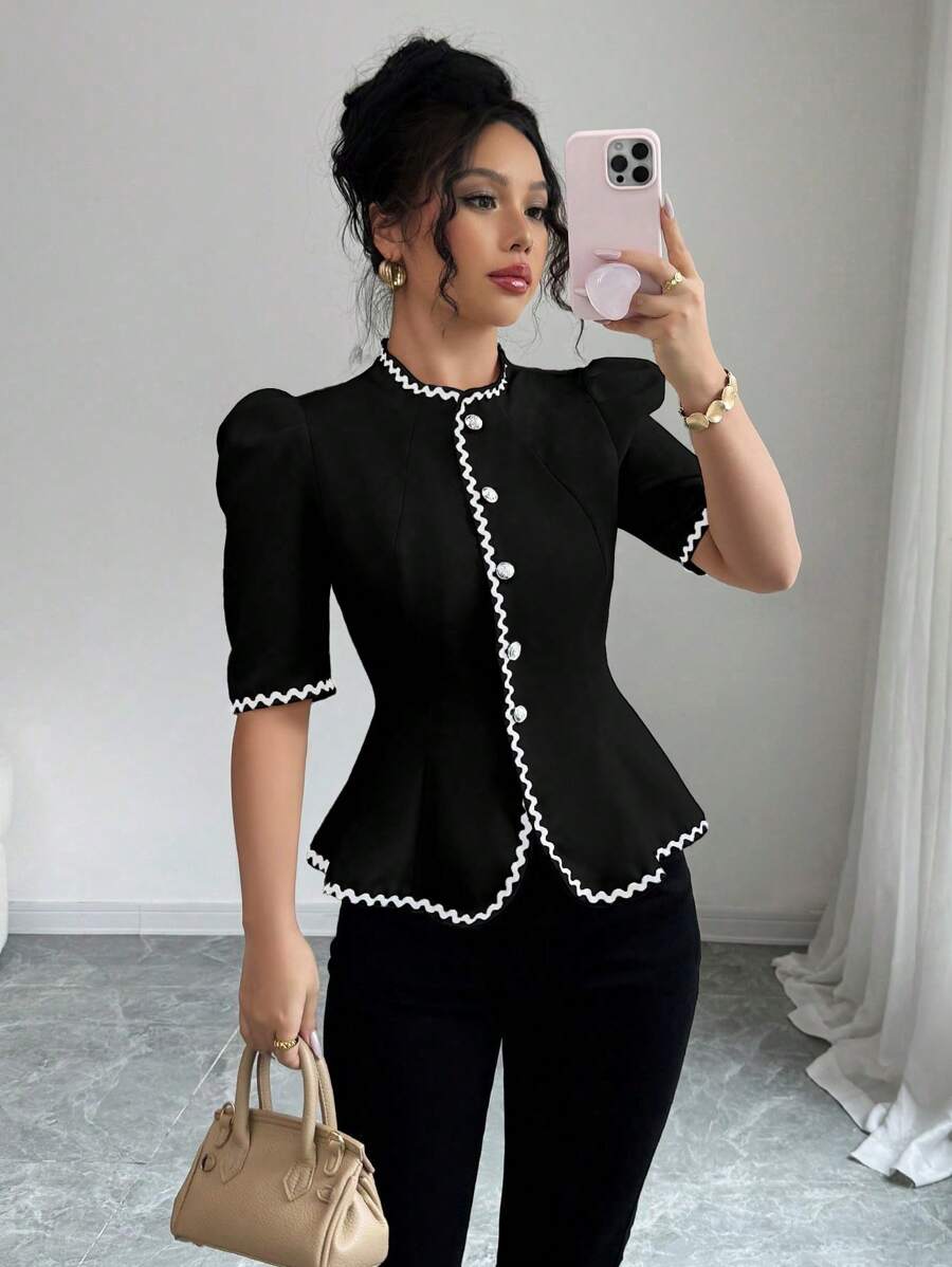 Elenzga 女式拼色珍珠缀饰短袖衬衫 - 黑色 - 查看 1