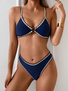 Swim Basics 2 件可调节肩带纯色贝壳边低腰三角比基尼套装，女士夏季沙滩泳装 - 藏蓝色 - 查看 1