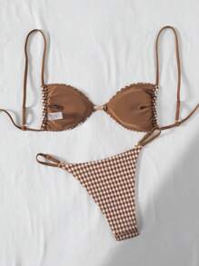 SHEIN 提花针织无线吊带上衣搭配可调节泳裤，女士夏季海滩度假比基尼套装 - 棕色 - 查看 2