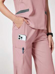 TaskEZ Solid Color V-Neck Short Sleeve T-Shirt And Pants Scrub Uniform Set - Baby Pink - View 6