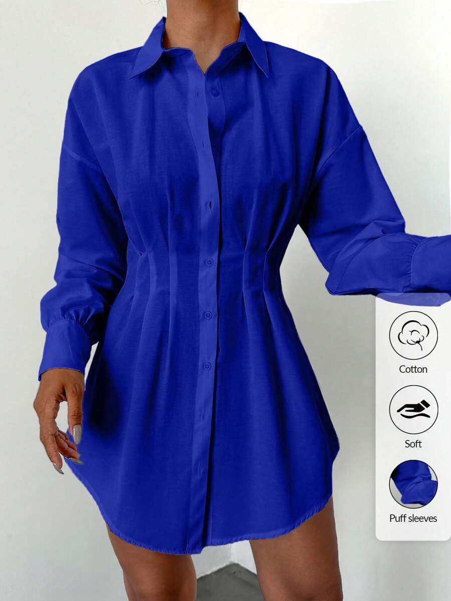 EURMUSE Cotton Drop Shoulder Fold Pleated Curved Hem Shirt - Blue - View 1