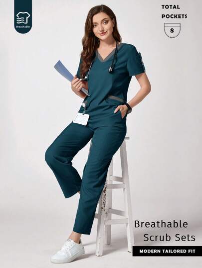 TaskEZ 拼色V领短袖上衣和裤子手术服套装