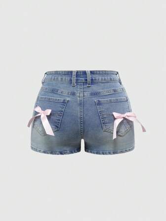 Kawaii Shorts vaqueros de verano informales con decoración de lazo para tallas grandes