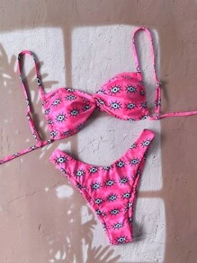 Elavelle 女士性感吊带随机印花扭结比基尼泳装套装，年轻可爱，夏季沙滩装 - 彩色 - 查看 6