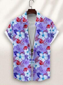 Manfinity RSRT Fashionable Casual Resort Style Full-Floral Print Men's Plus Size Slim Fit Point Collar Short Sleeve Button-Down Shirt, Suitable For Outdoor, Vacation, Date, Party, Makes A Great Gift For Boyfriend - Multicolor - View 4