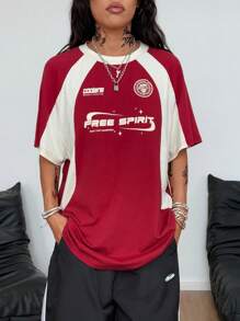 Coolane Women's Summer Streetwear Sporty Casual Contrast Letter Graphic Raglan Sleeve Jersey T-Shirt - Rose Red - View 3