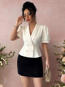 Chiquease Damen elegante Blazer-Jacke mit Knopfleiste und kurzen Ärmeln, geeignet für den Weg zur Arbeit im Sommer