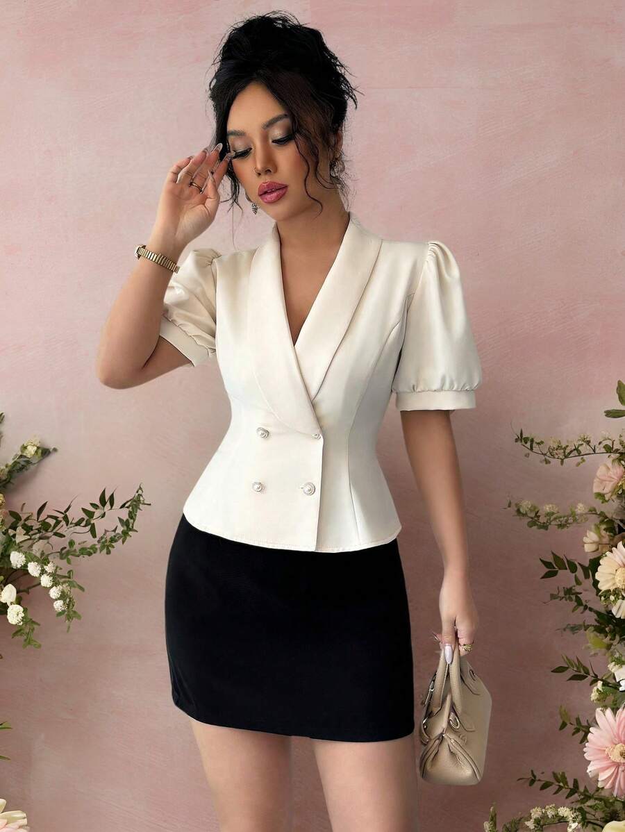 Chiquease Damen elegante Blazer-Jacke mit Knopfleiste und kurzen Ärmeln, geeignet für den Weg zur Arbeit im Sommer